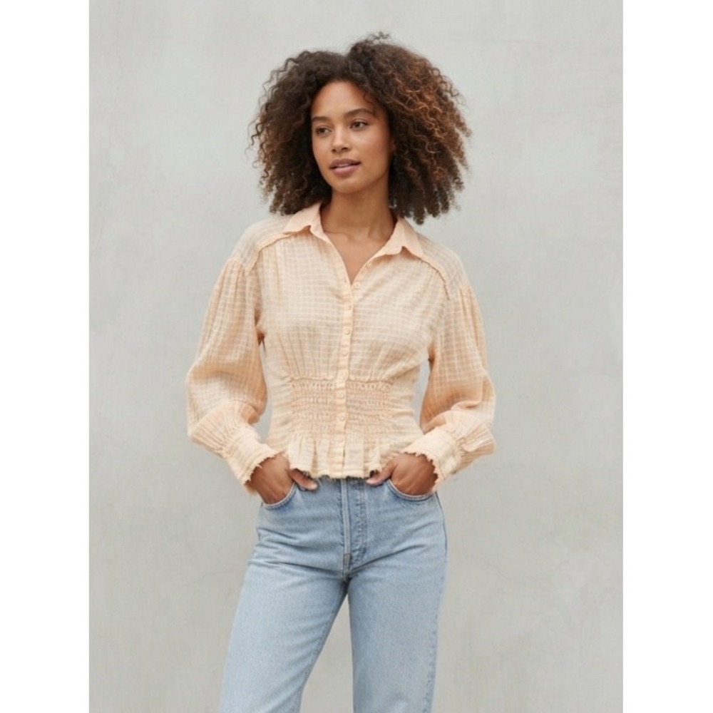 HYFVE Boho Smocked Peplum Button Down Textured Cotton Blouse Peach Small‎ S